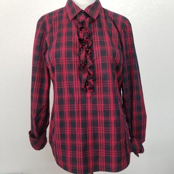 Talbots Tops - Talbots Tartan Red Ruffle Popover Shirt size 10